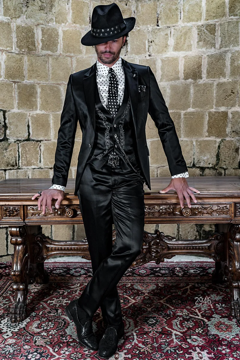 Schwarze slim fit Gothic Mode Anzug mit silber bestickte Drachen Weste – fi