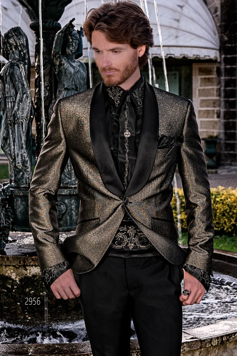Golden slim fit fashion shawl collar tuxedo blazer with black trousers – pa