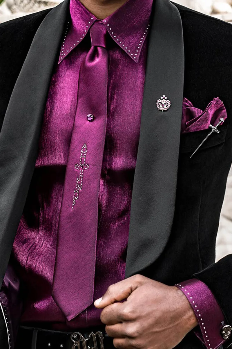 Cravatta e Fazzoletto in lurex fucsia con applicazioni