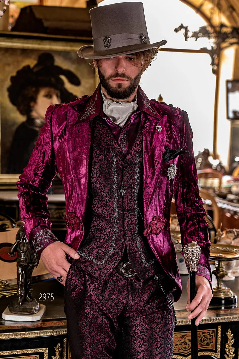 Steampunk burgundy velvet frock coat with brocade pants and waistcoat 1