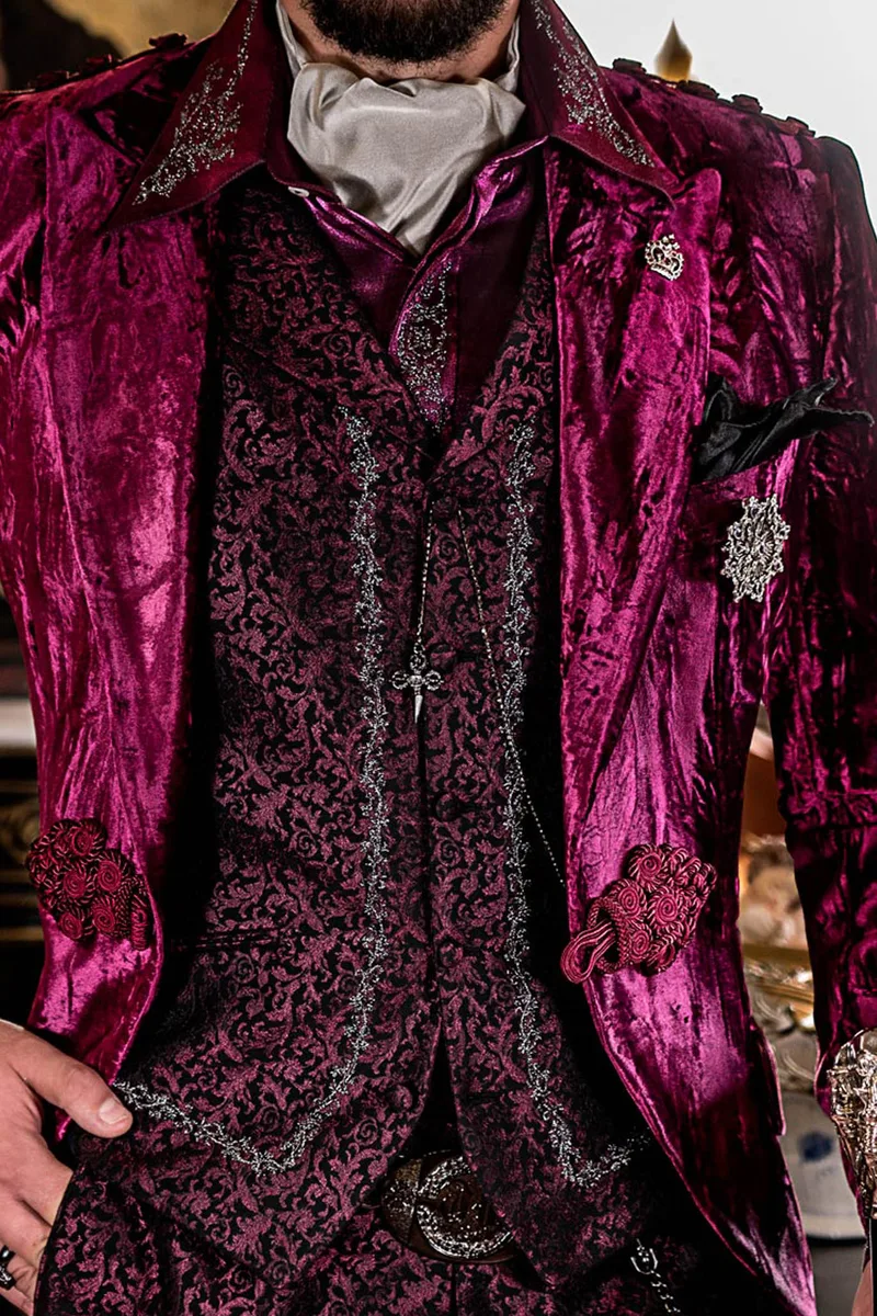 Steampunk burgundy velvet frock coat with brocade pants and waistcoat 2