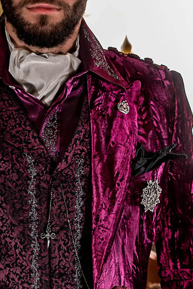 Steampunk burgundy velvet frock coat with brocade pants and waistcoat 3