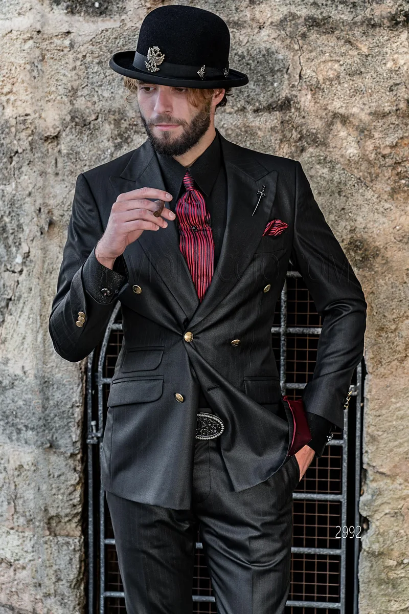 Traje cruzado moderno steampunk negro raya diplomática roja 1