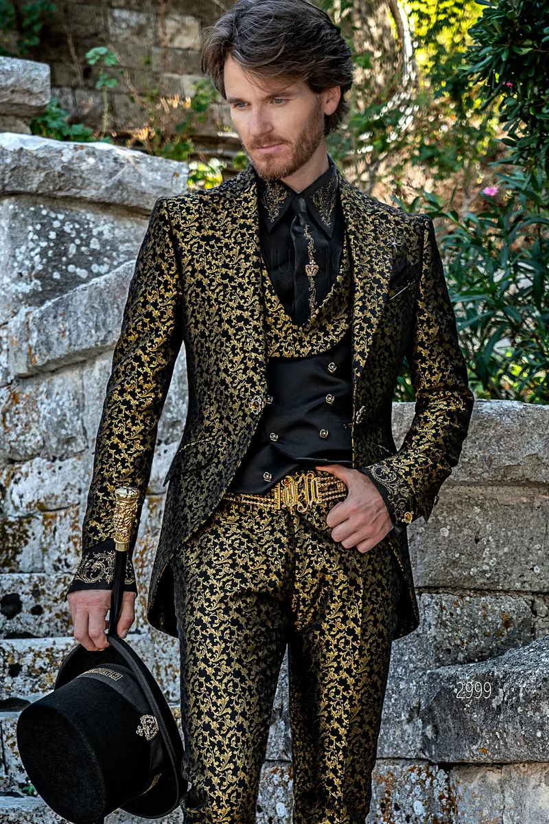 Black and golden brocade gothic style frock coat for groom – pa