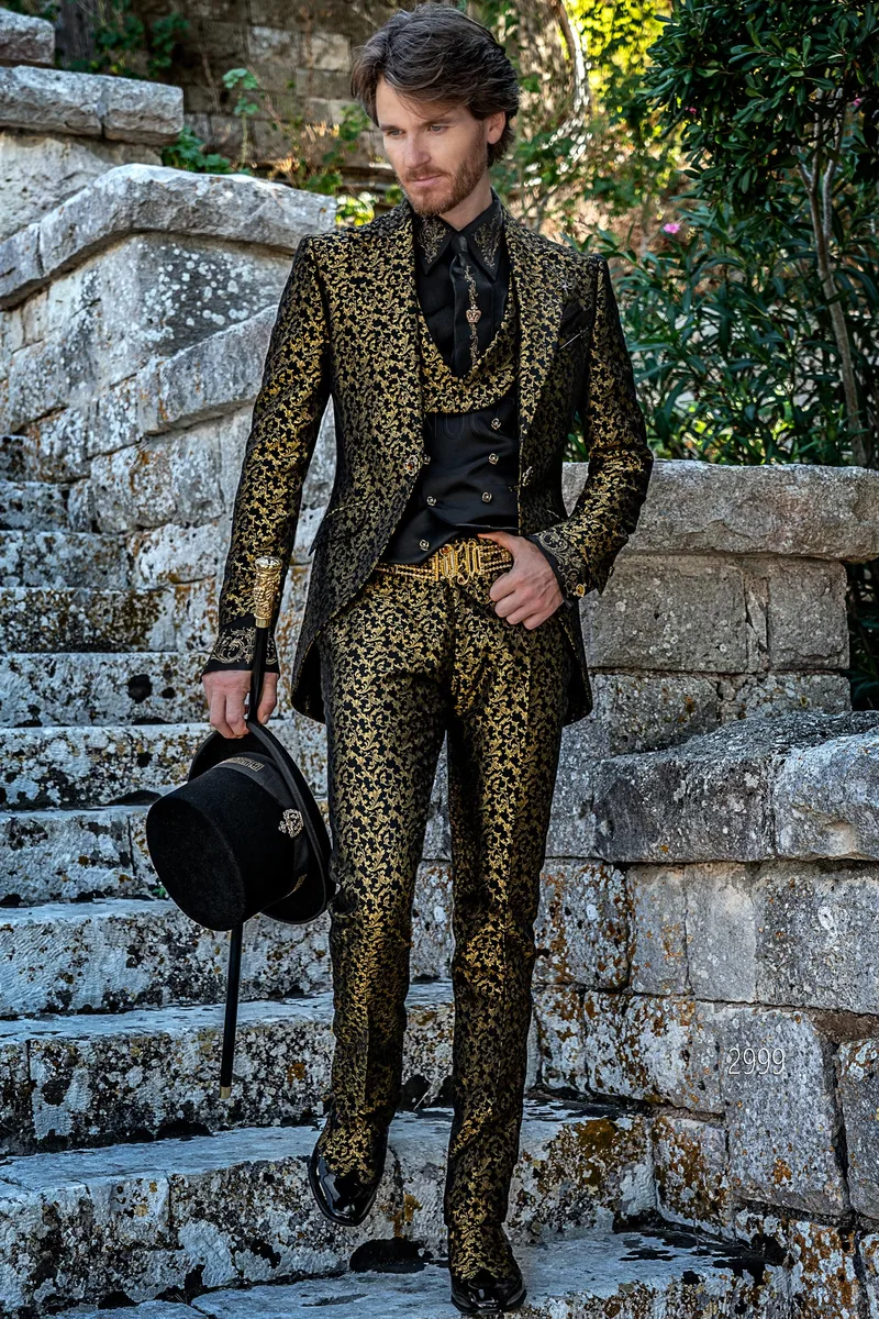 Black and golden brocade gothic style frock coat for groom – fi