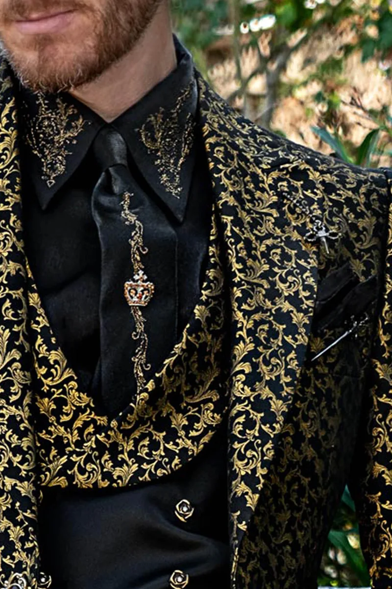 Black and golden brocade gothic style frock coat for groom 3