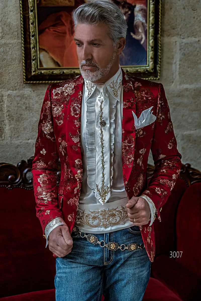 Red floral Jacquard party tuxedo blazer fashion jacket for men 1