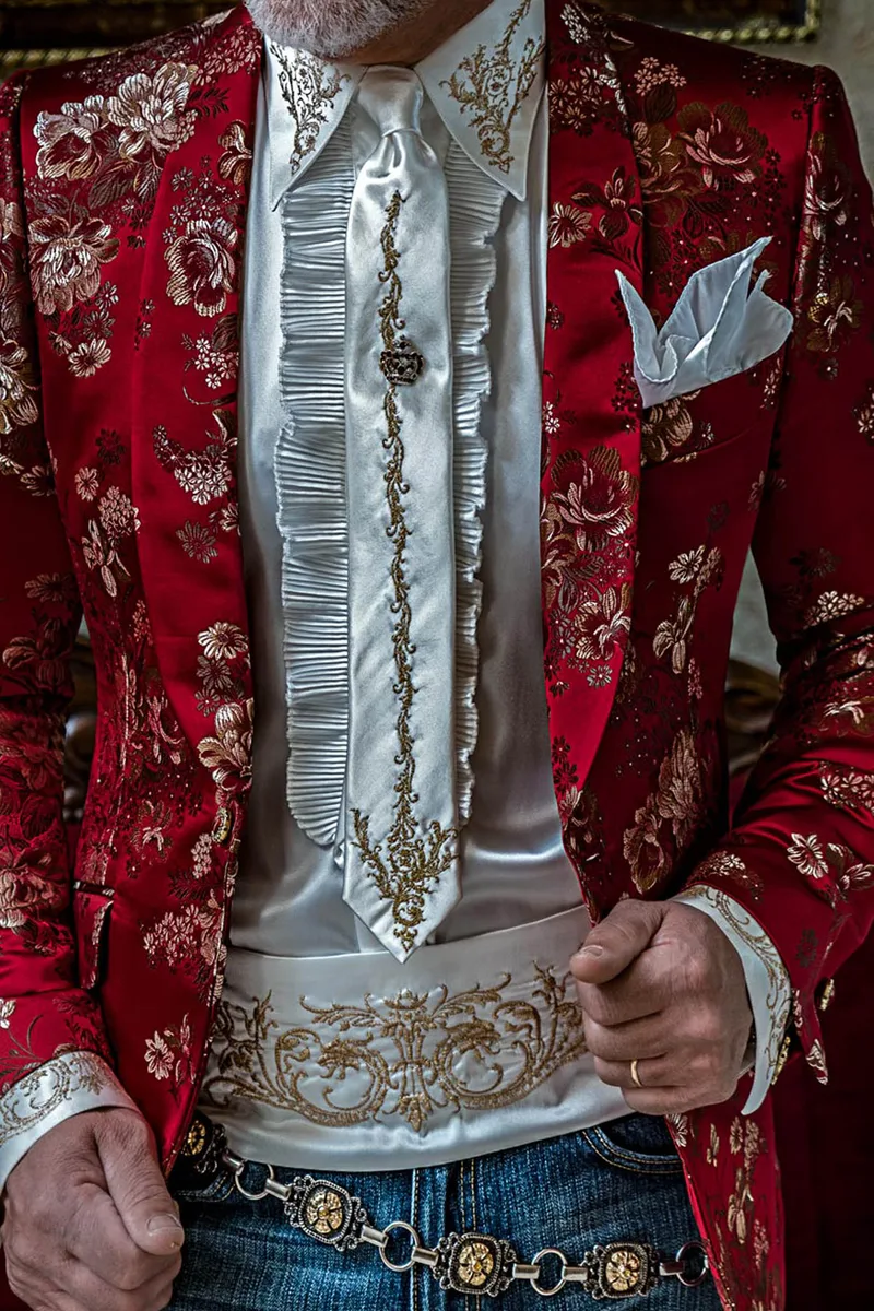 Red floral Jacquard party tuxedo blazer fashion jacket for men 2