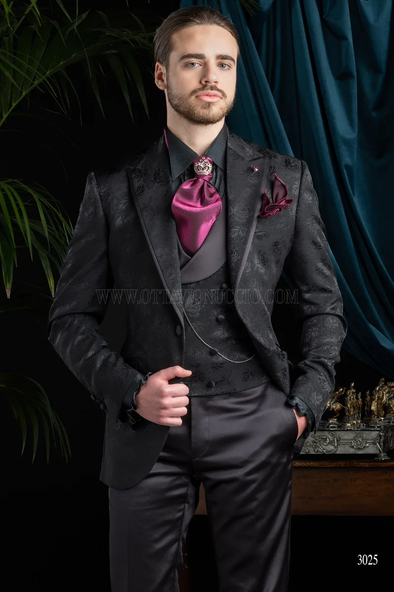 Traje de novio italiano negro para hombre | Chaqueta en lana seda brocada 1