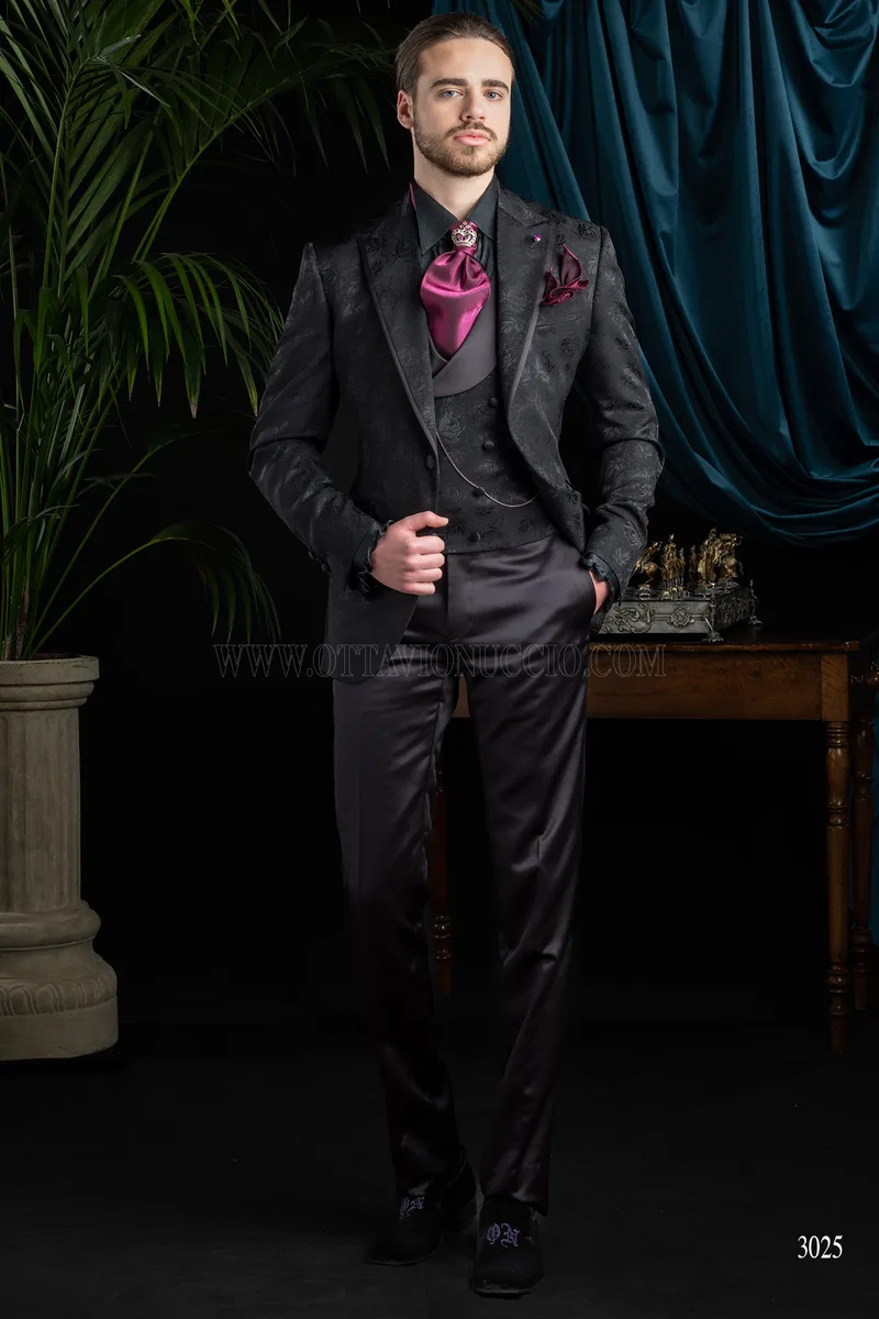 Traje de novio italiano negro para hombre | Chaqueta en lana seda brocada 2
