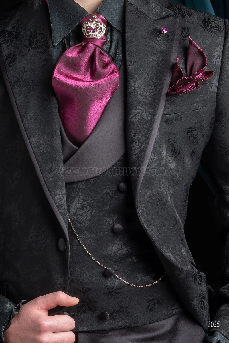 Traje de novio italiano negro para hombre | Chaqueta en lana seda brocada 4