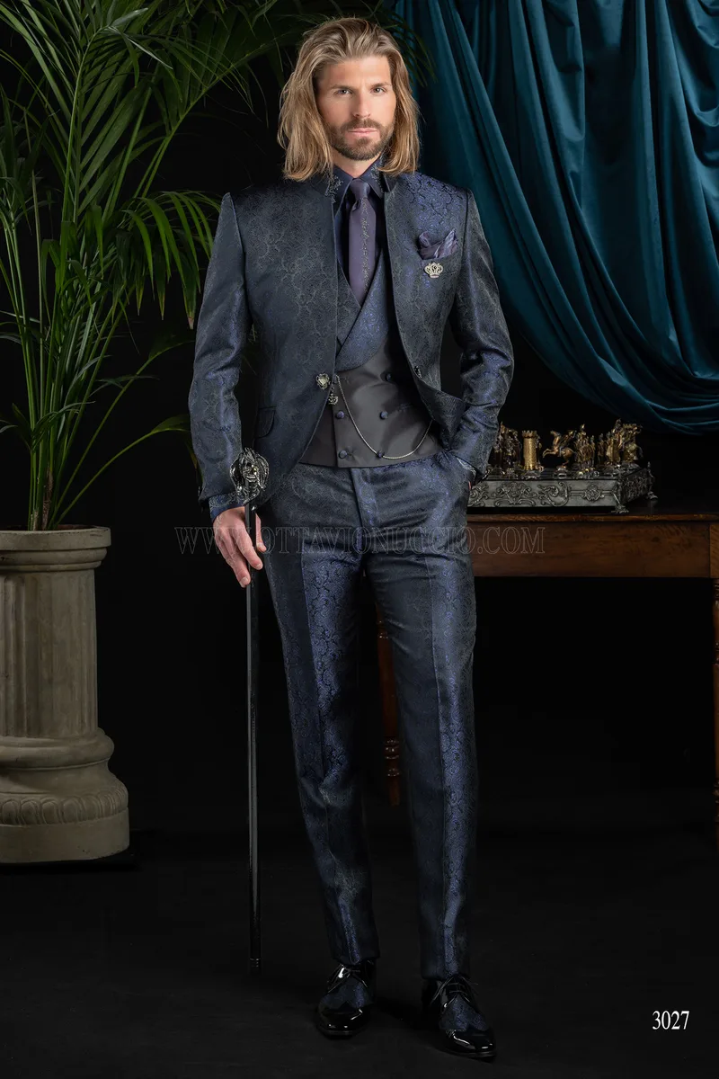 Costume de mariage italien en brocart bleu avec col mandarin 2