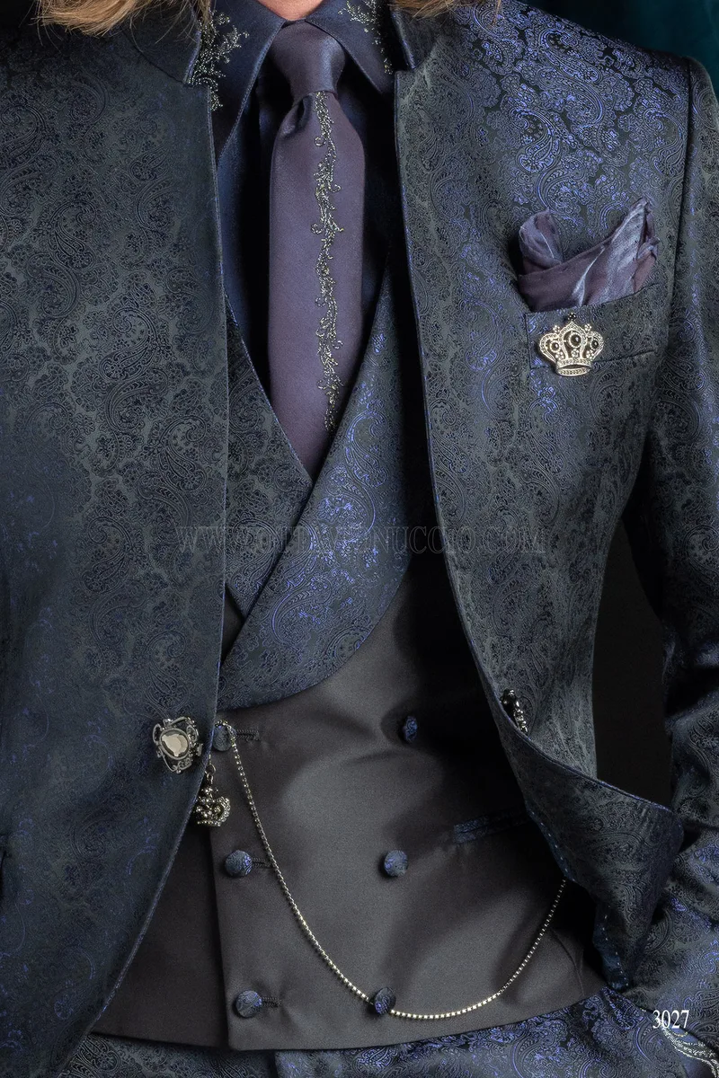 Costume de mariage italien en brocart bleu avec col mandarin 3