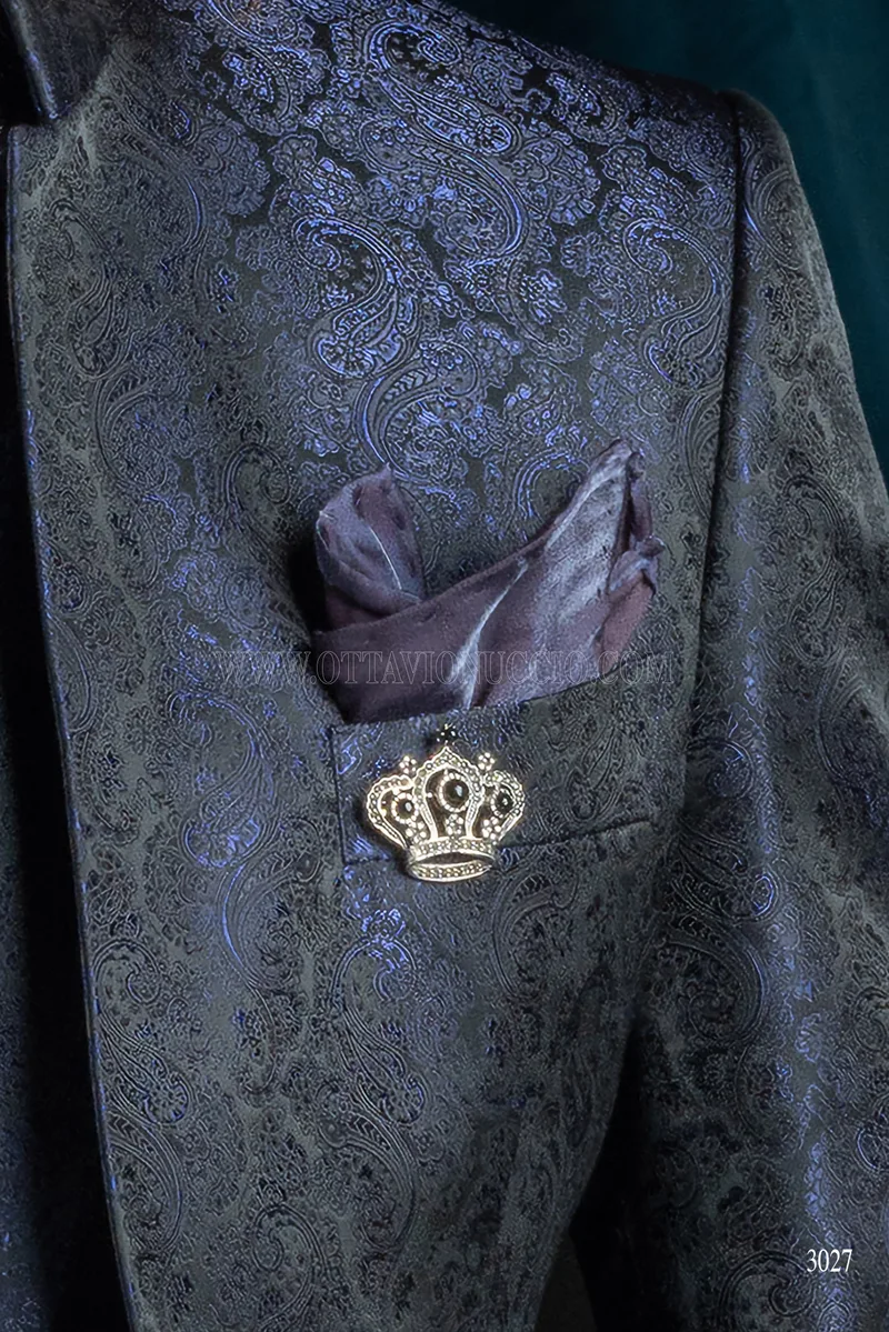 Costume de mariage italien en brocart bleu avec col mandarin 4