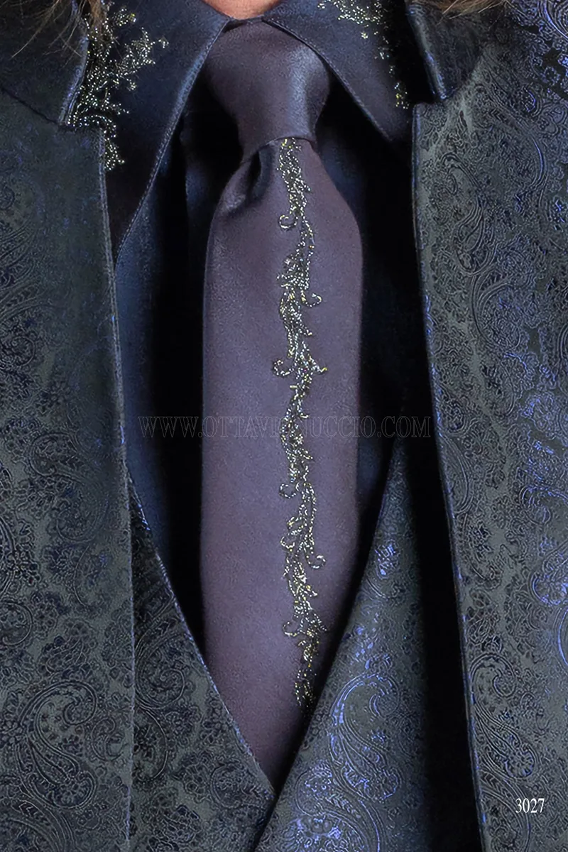 Costume de mariage italien en brocart bleu avec col mandarin 5