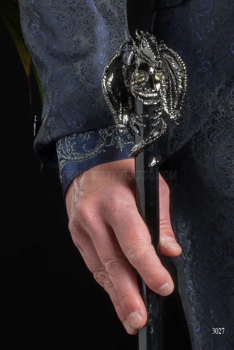 Costume de mariage italien en brocart bleu avec col mandarin 6