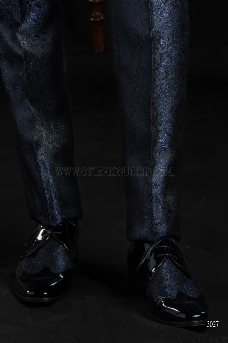 Costume de mariage italien en brocart bleu avec col mandarin 7