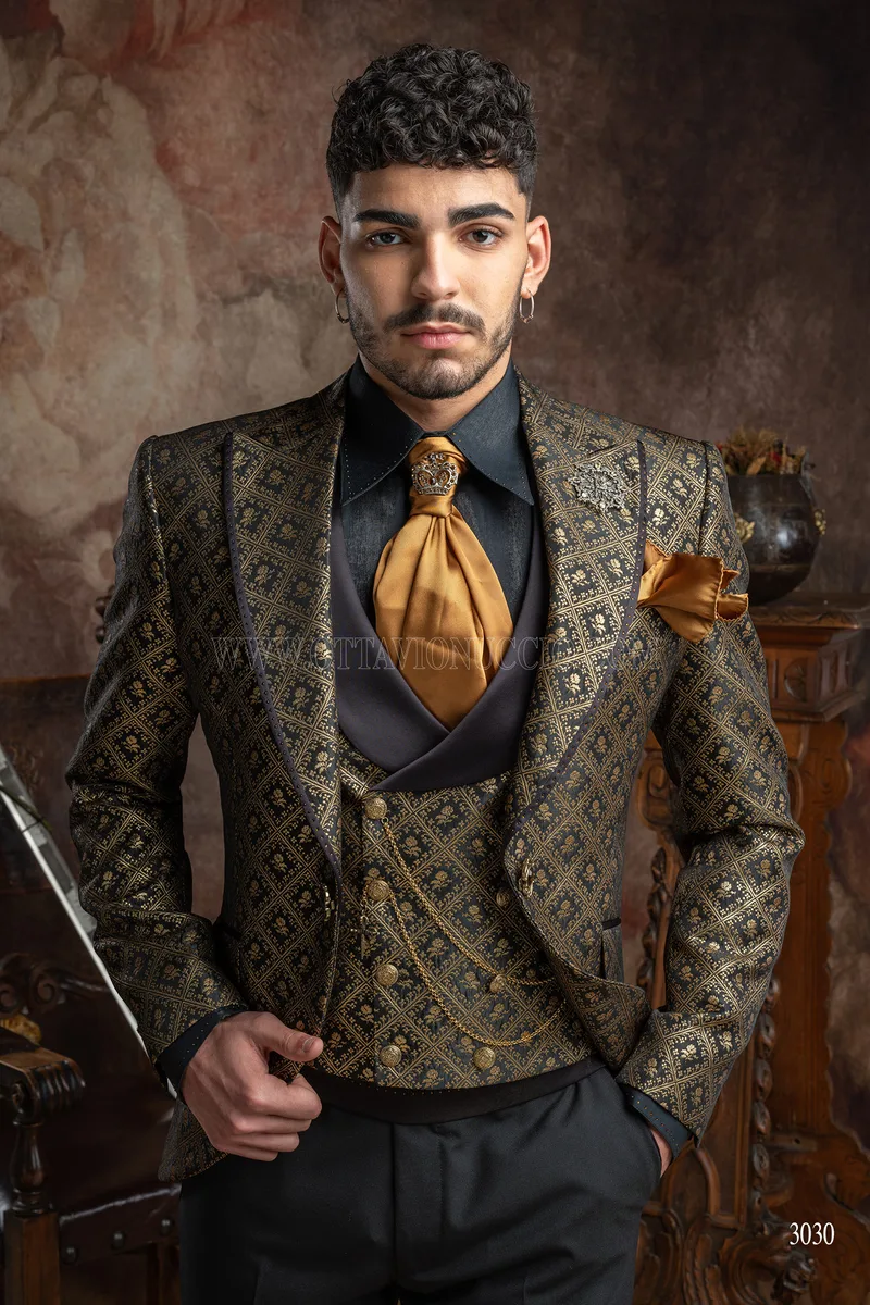 Luxury italian gothic frock coat in black and gold brocade, black pants 1