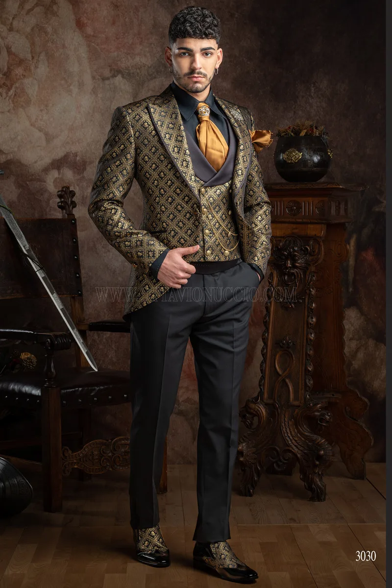 Luxury italian gothic frock coat in black and gold brocade, black pants 2