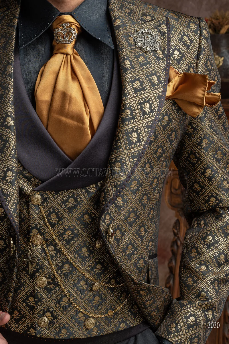 Luxury italian gothic frock coat in black and gold brocade, black pants 3