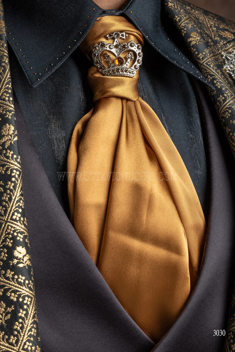 Luxury italian gothic frock coat in black and gold brocade, black pants 4