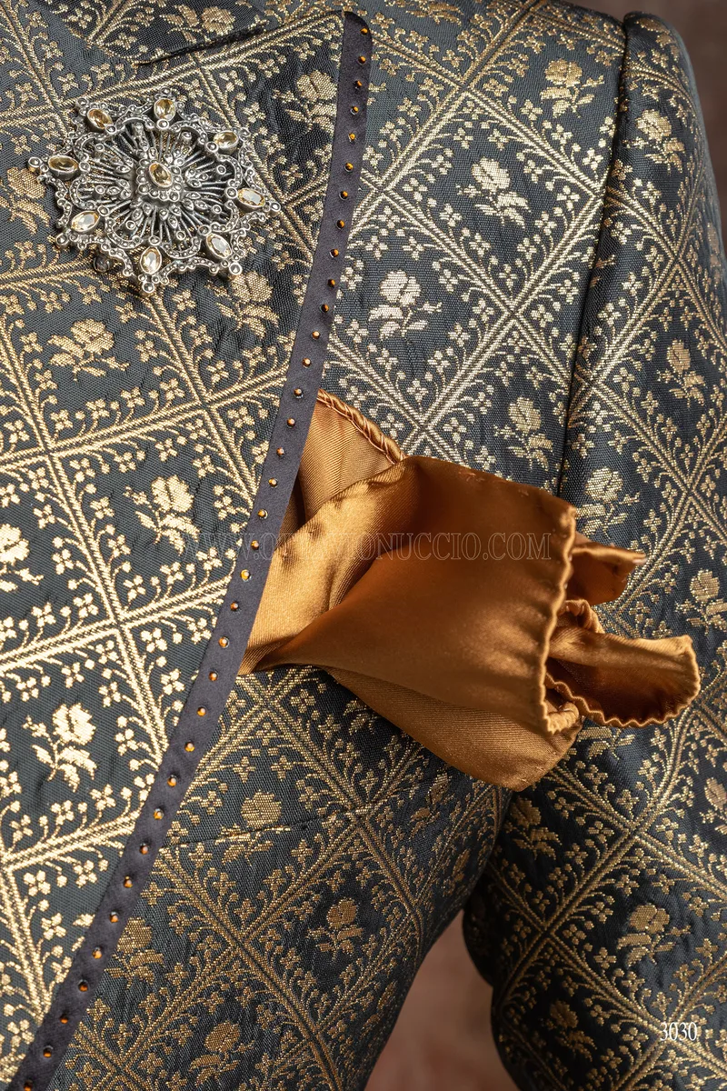 Luxury italian gothic frock coat in black and gold brocade, black pants 5