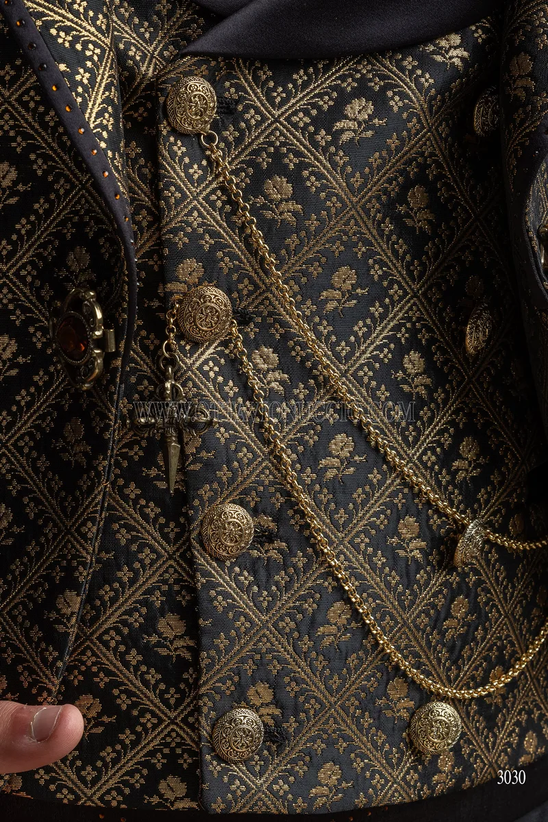 Luxury italian gothic frock coat in black and gold brocade, black pants 6
