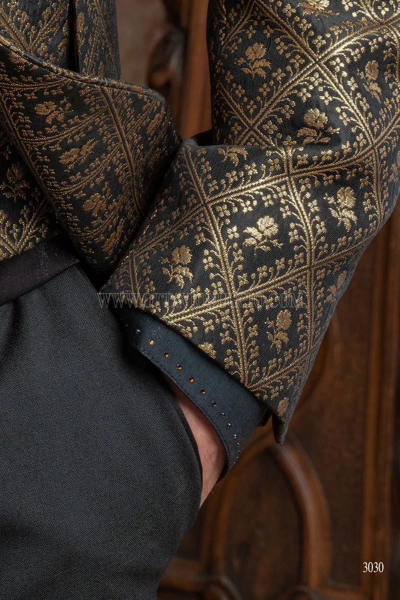 Luxury italian gothic frock coat in black and gold brocade, black pants 7