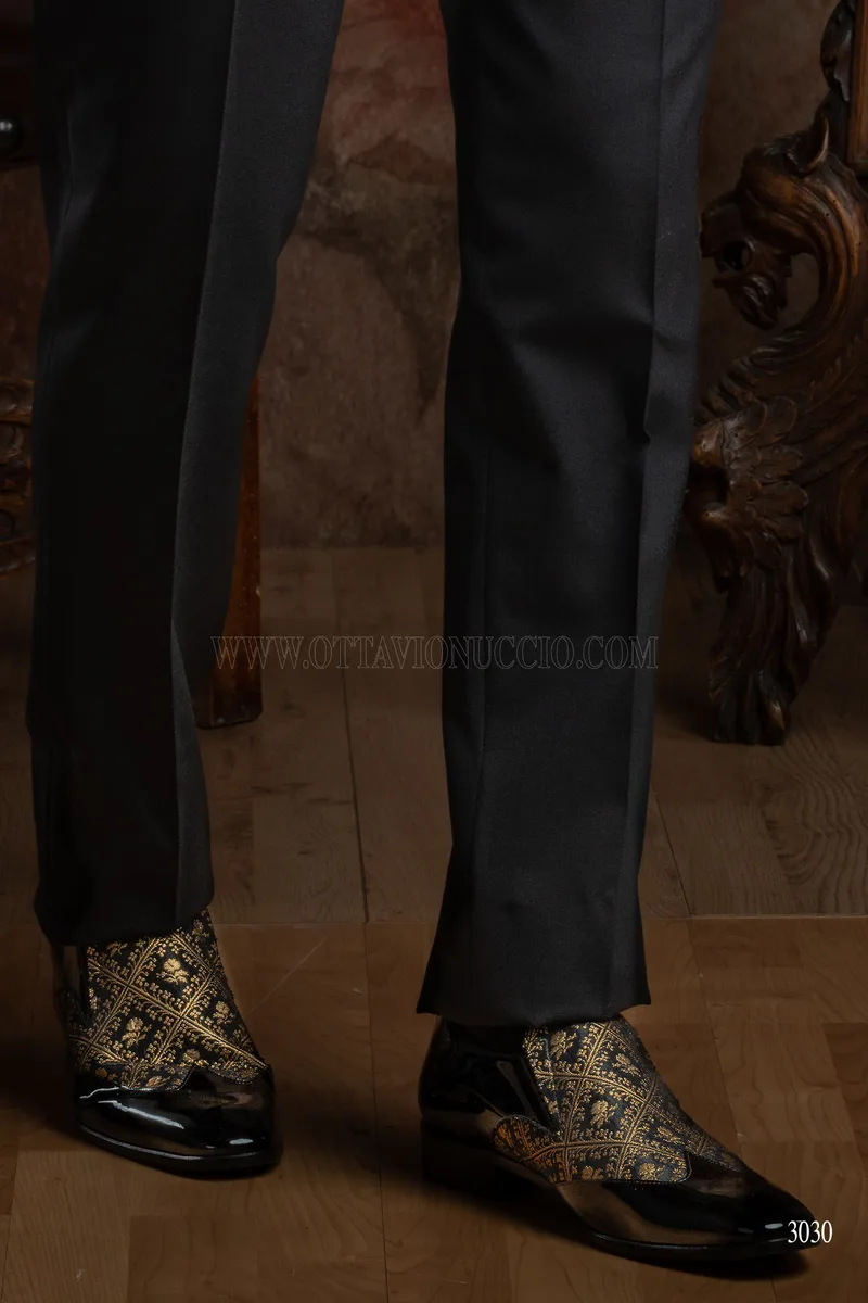 Luxury italian gothic frock coat in black and gold brocade, black pants 8