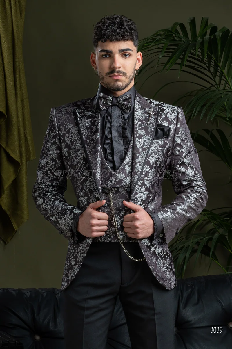 Blazer haute couture de luxe en pure soie jacquard noir argent 1