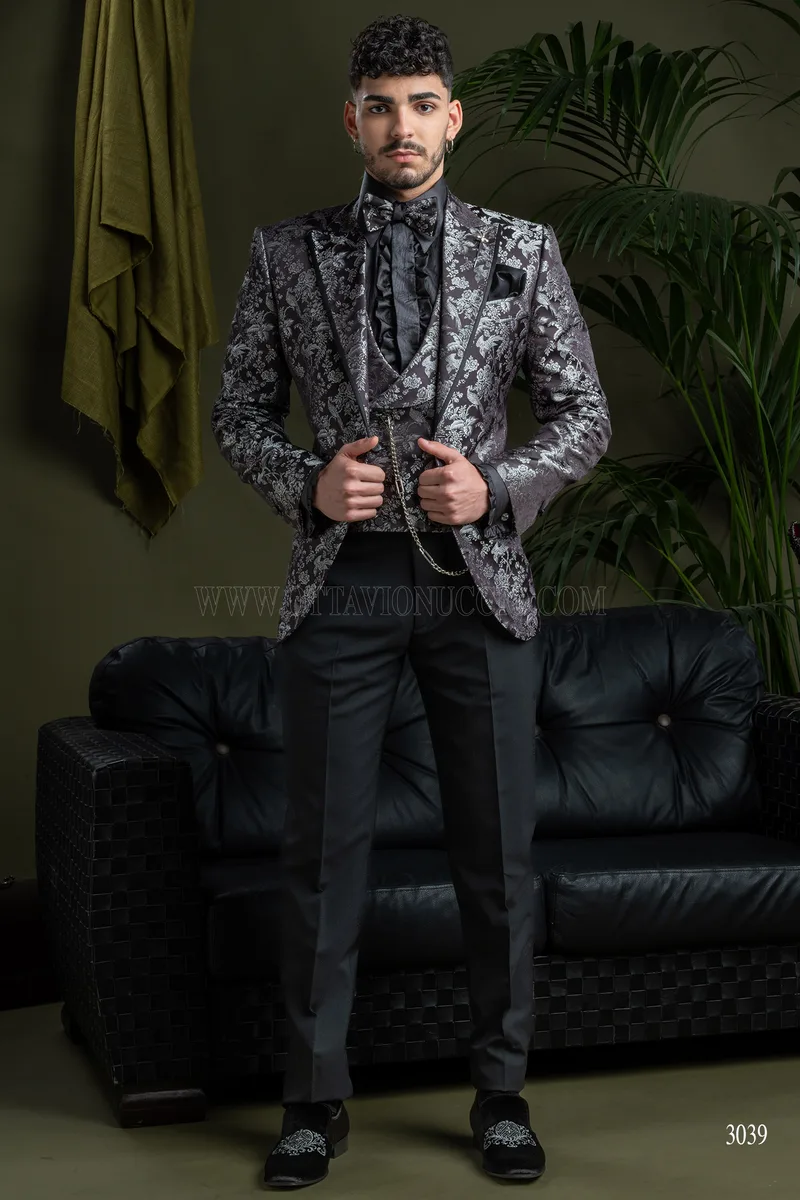 Blazer haute couture de luxe en pure soie jacquard noir argent 2