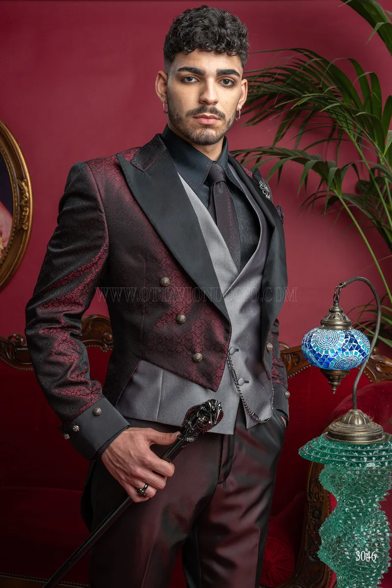 Mens bordeaux tailcoat with black lapel in steampunk style - Limited Availability 1