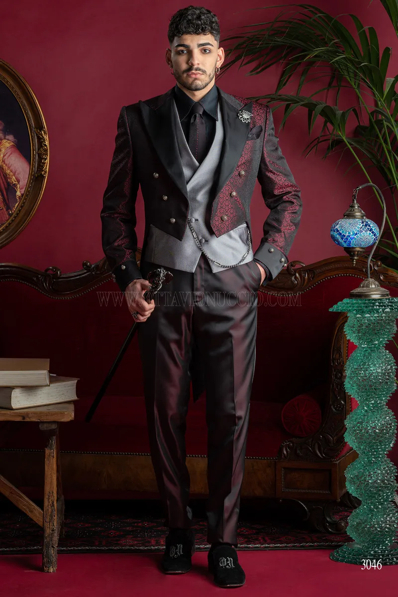 Mens bordeaux tailcoat with black lapel in steampunk style - Limited Availability 2