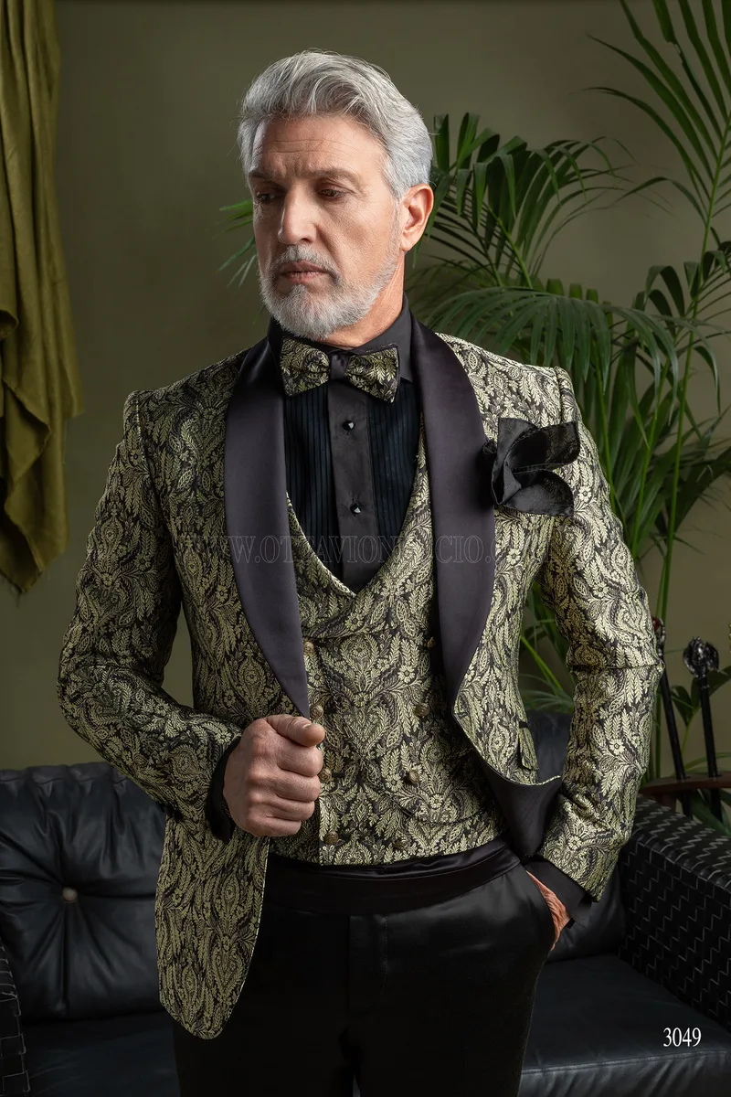 Luxury mens blazer in gold brocade and black satin shawl lapel 1