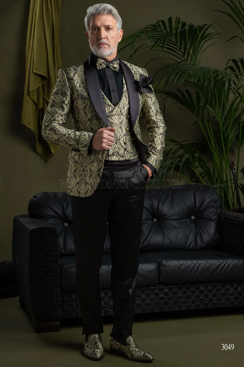 Luxury mens blazer in gold brocade and black satin shawl lapel 2