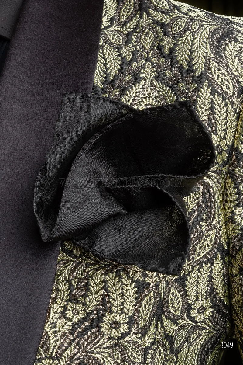 Luxury mens blazer in gold brocade and black satin shawl lapel 4