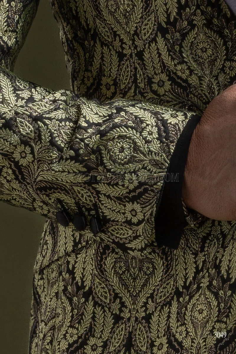 Luxury mens blazer in gold brocade and black satin shawl lapel 5