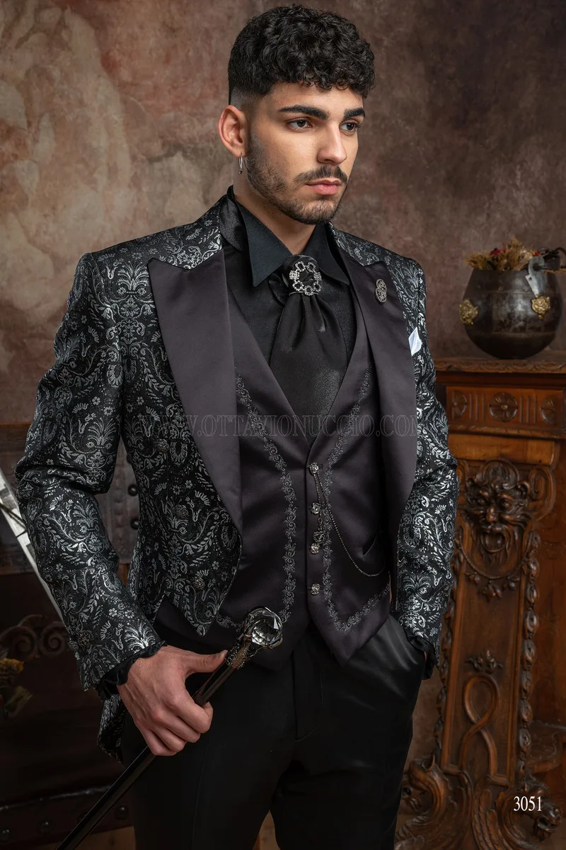 Gothic groom tailcoat in black silver brocade fabric 1