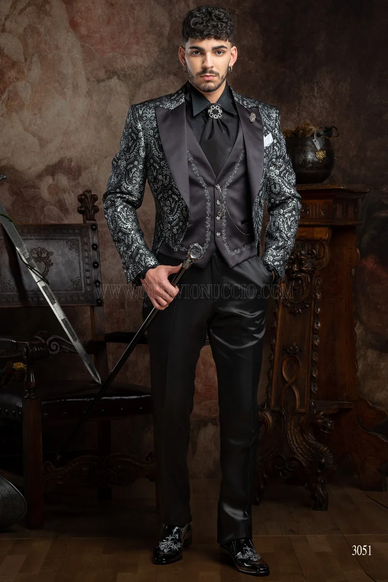 Gothic groom tailcoat in black silver brocade fabric 2