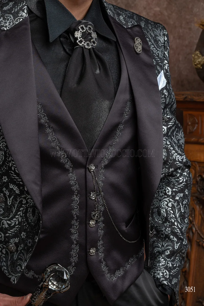 Gothic groom tailcoat in black silver brocade fabric 3