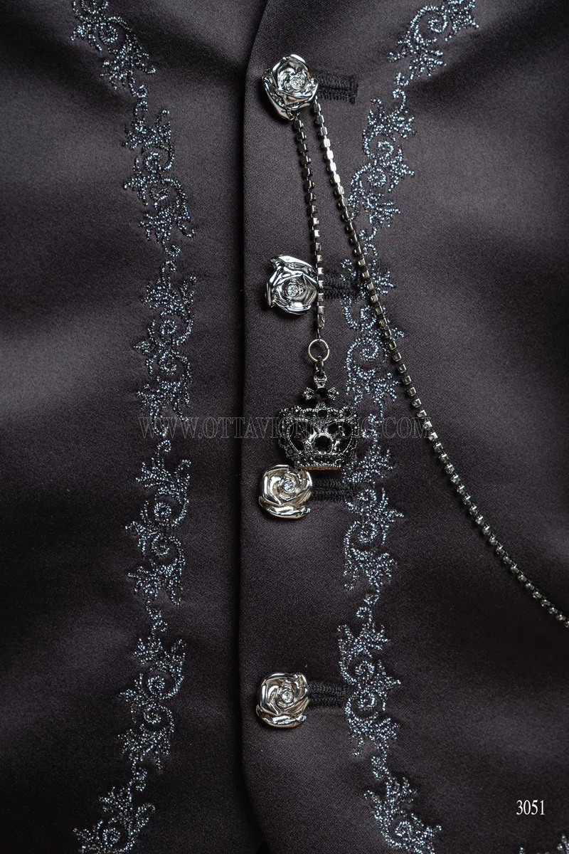 Gothic groom tailcoat in black silver brocade fabric 4