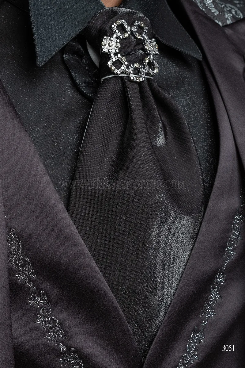 Gothic groom tailcoat in black silver brocade fabric 5