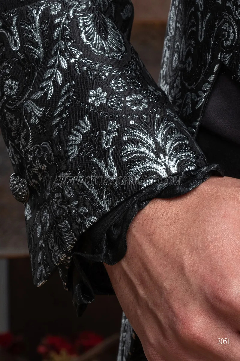 Gothic groom tailcoat in black silver brocade fabric 6
