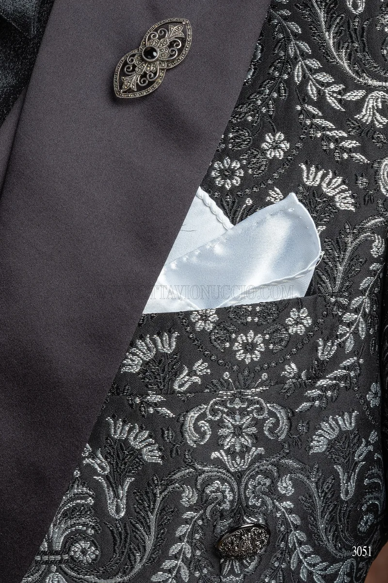 Gothic groom tailcoat in black silver brocade fabric 7