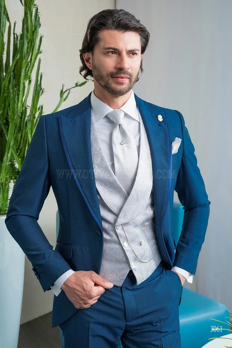 Royal blue mohair blend groom suit with brocade waistcoat – Half-length view