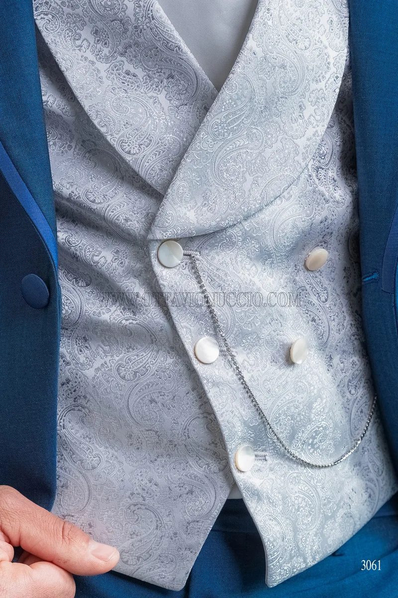 Royal blue mohair blend groom suit with brocade waistcoat – Buttons