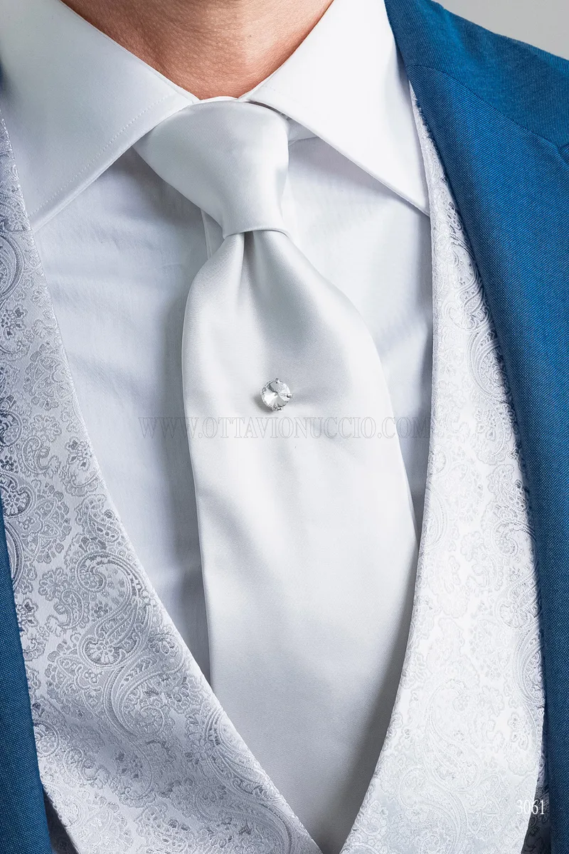 Royal blue mohair blend groom suit with brocade waistcoat – Tie