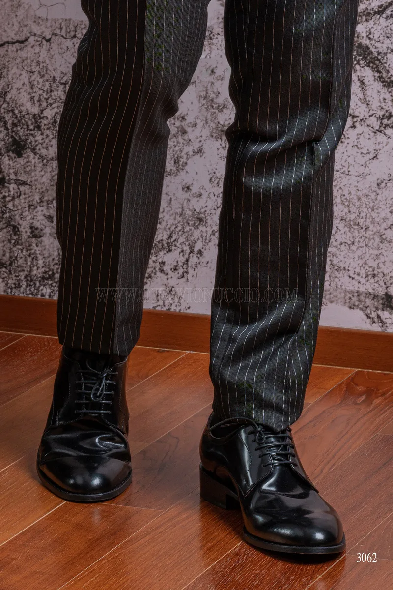 Traje italiano negro raya diplomática con chaleco cruzado – Zapato