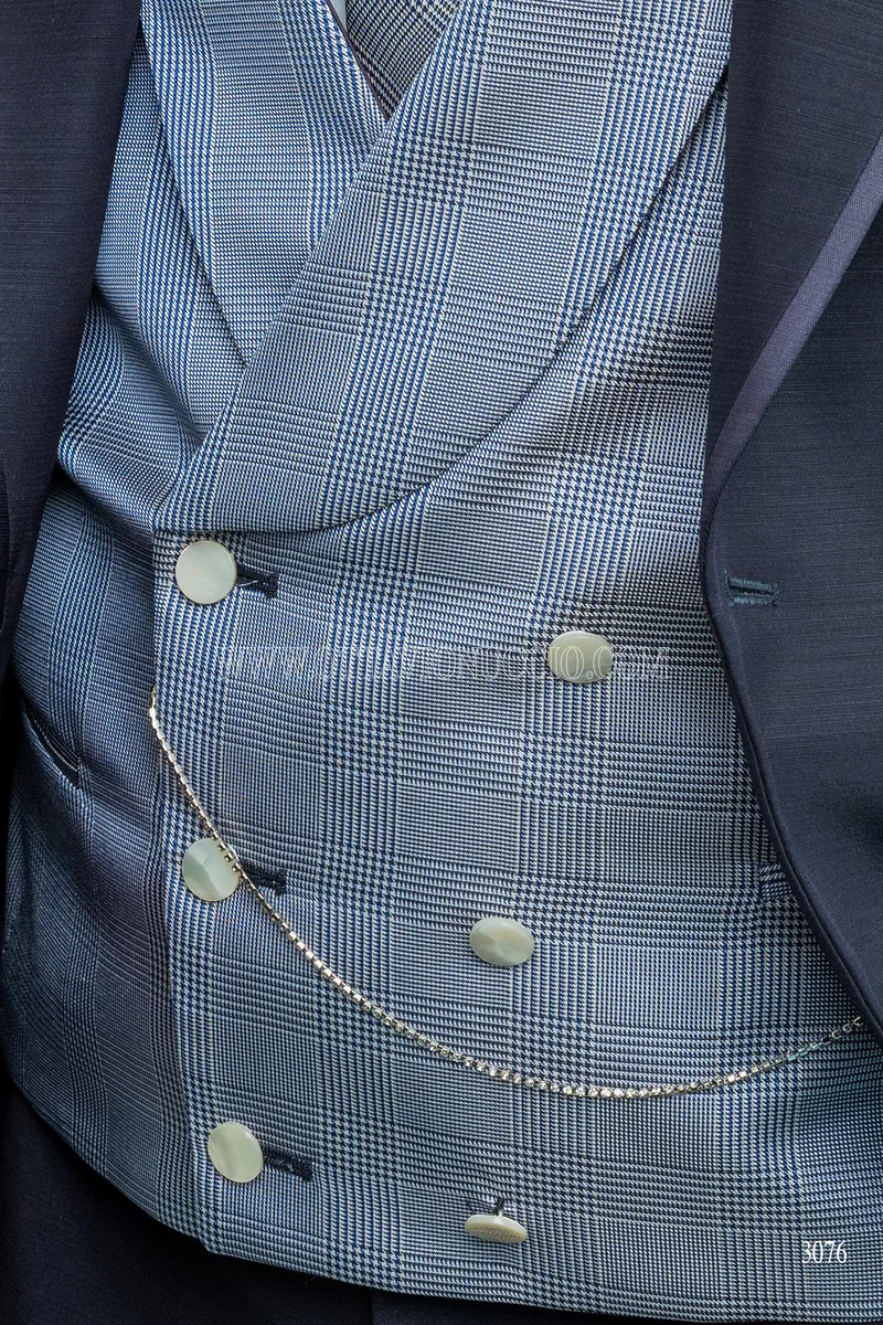 Zweireihige Weste aus reiner blauer Prince-of-Wales-Seide