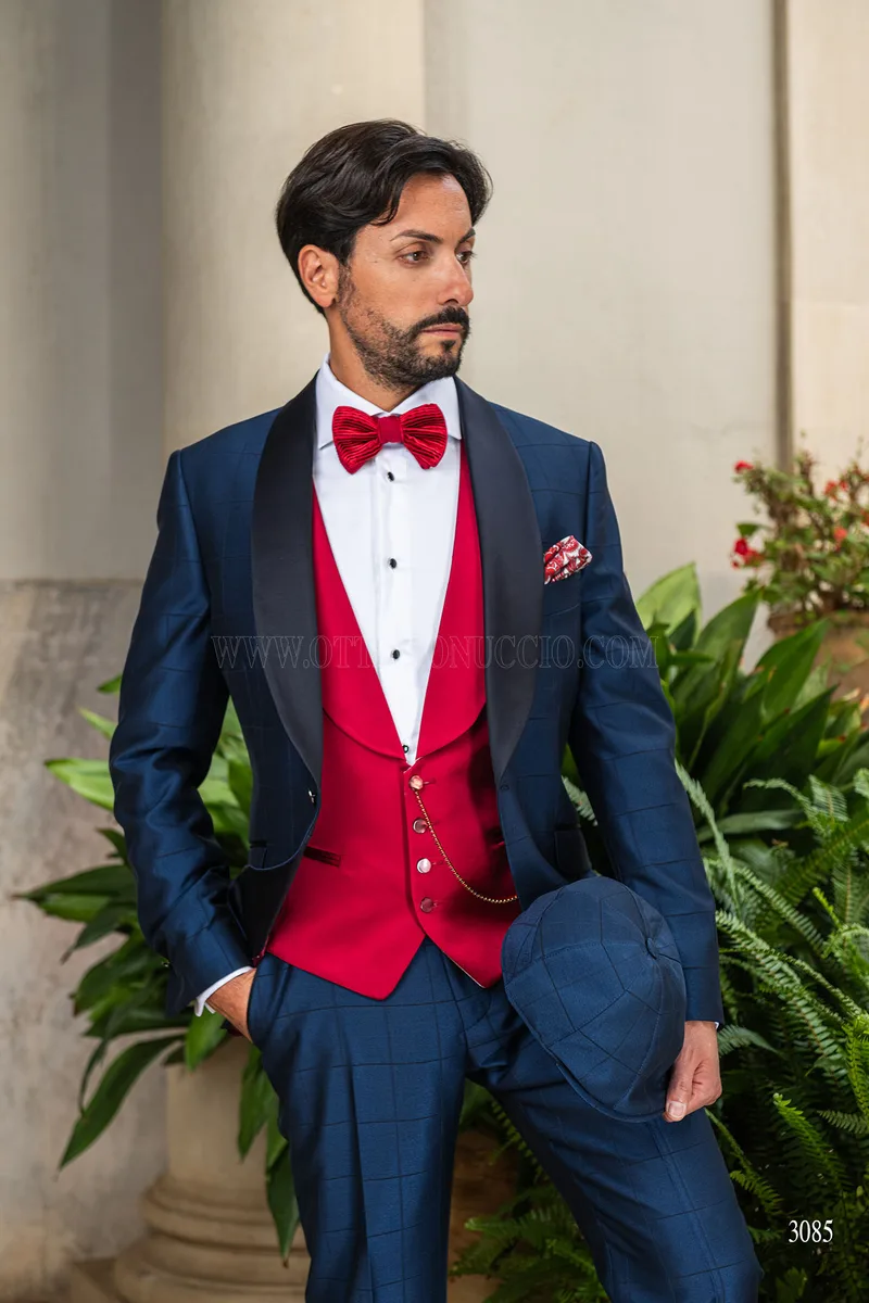 Esmoquin azul de cuadros con solapa chal para hombre 1